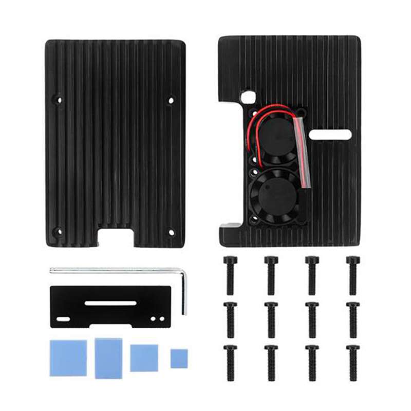 Vue interne boîtier Raspberry Pi 4B avec ventilateur et pads thermiques